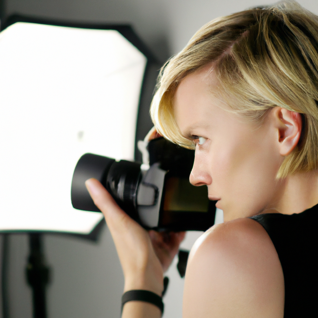 Lucía controlando el exposímetro en estudio (foto generada)